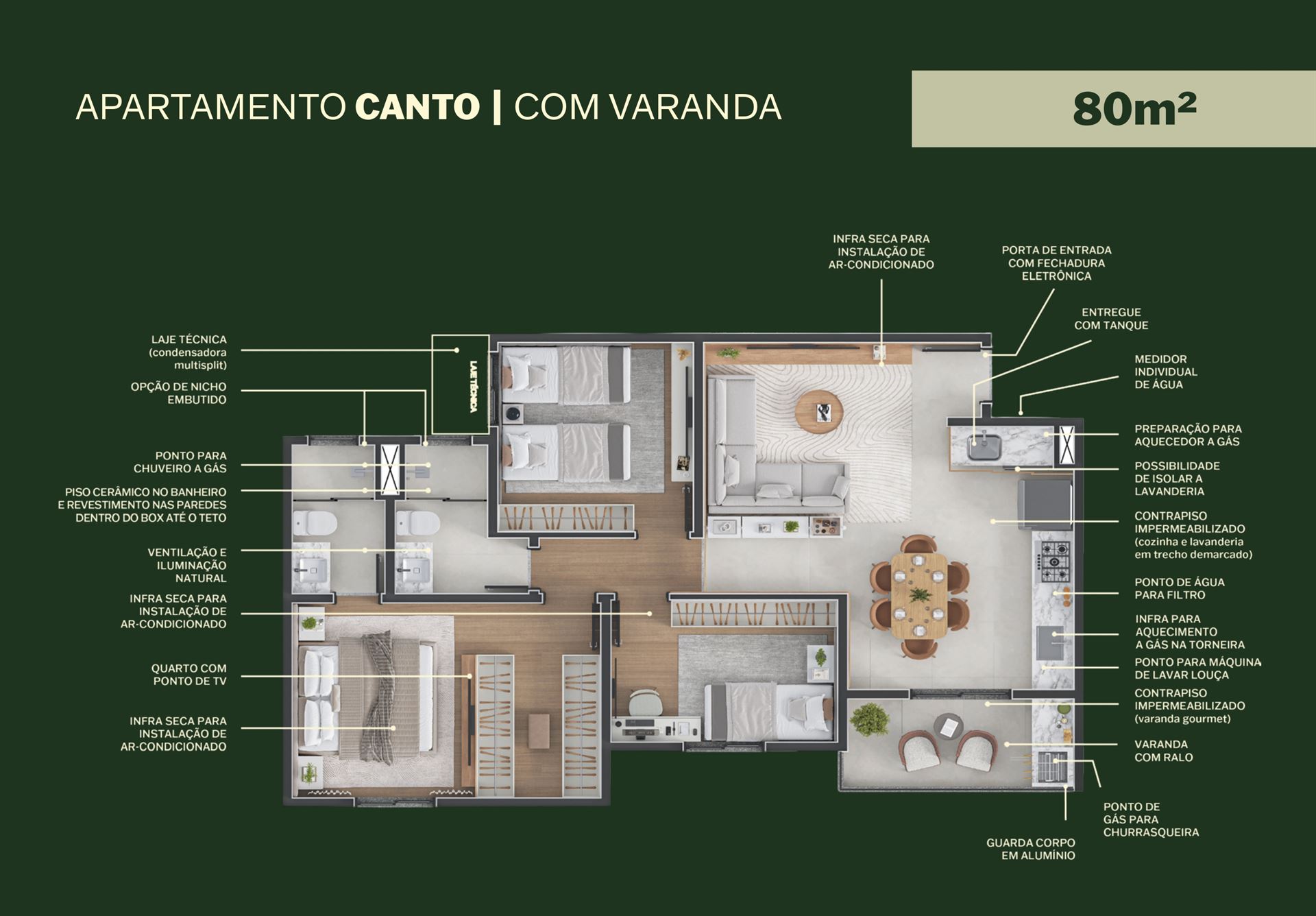 Planta Canto Manai Bosque 80 m² — 3 dormitórios e 1 suíte com varanda gourmet