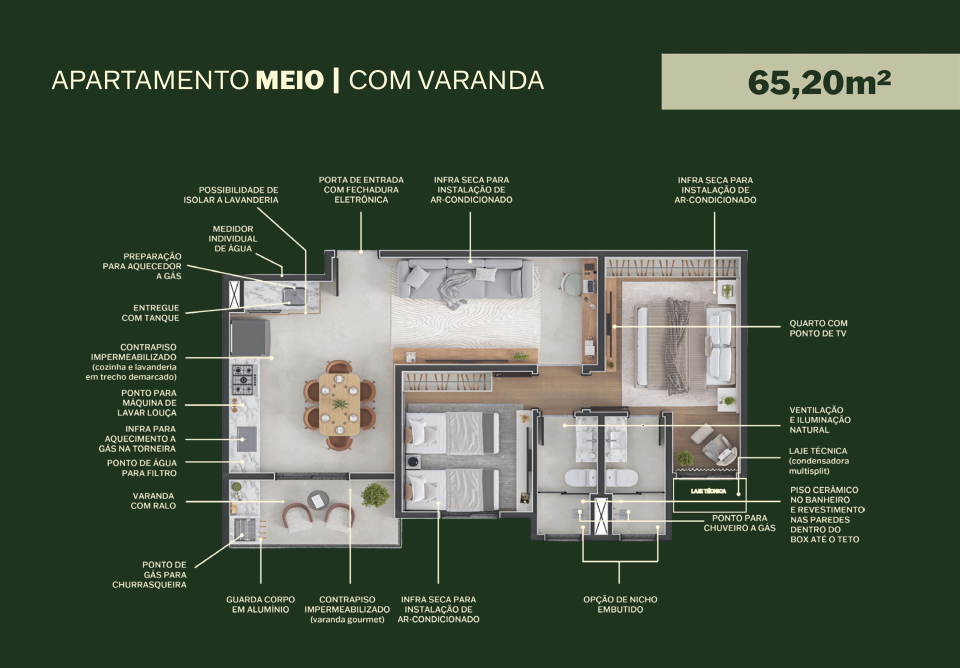 Planta Meio Manai Bosque 65,20 m² — 2 dormitórios e 1 suíte com varanda gourmet