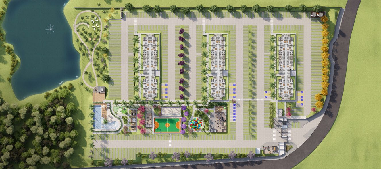 Implantação ilustrada do Parque das Águas com as três torres e o lago