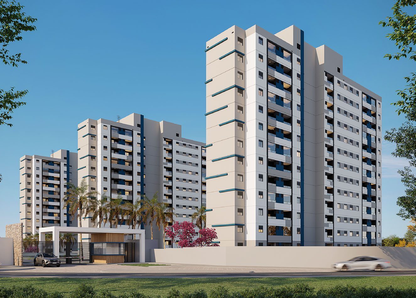 Perspectiva ilustrada das três torres do Residencial Parque das Águas