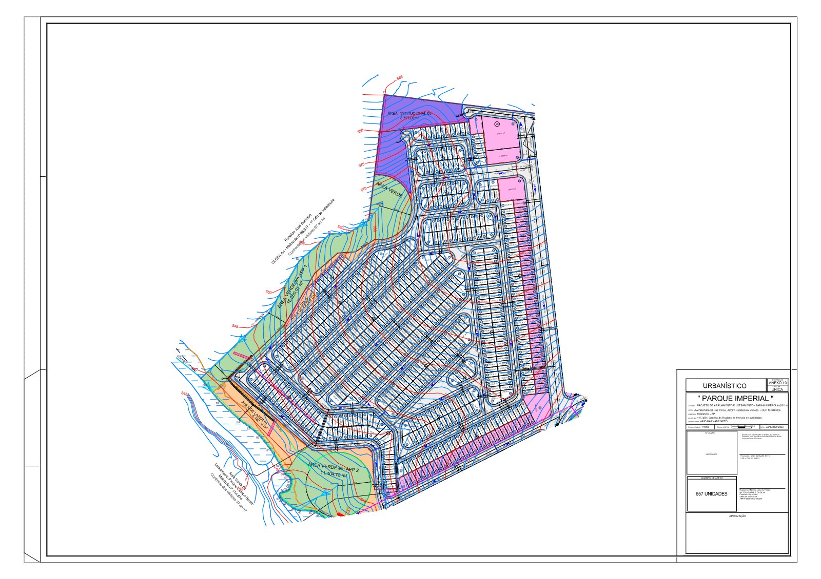 Mapa urbanístico da Fase 3 Pérola do Parque Zarah em Indaiatuba: projeto de arruamento e loteamento com 657 lotes nas quadras 14 a 29, áreas verdes, área de lazer e área institucional