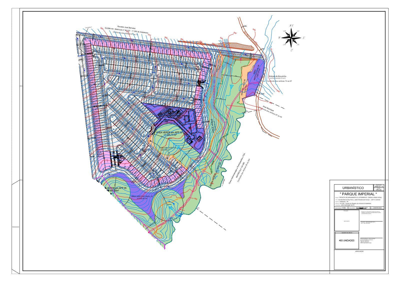 Mapa urbanístico da Fase 2 Rubi do Parque Zarah em Indaiatuba: projeto de arruamento e loteamento com 493 lotes nas quadras 30 a 43, áreas verdes, área de lazer e área institucional
