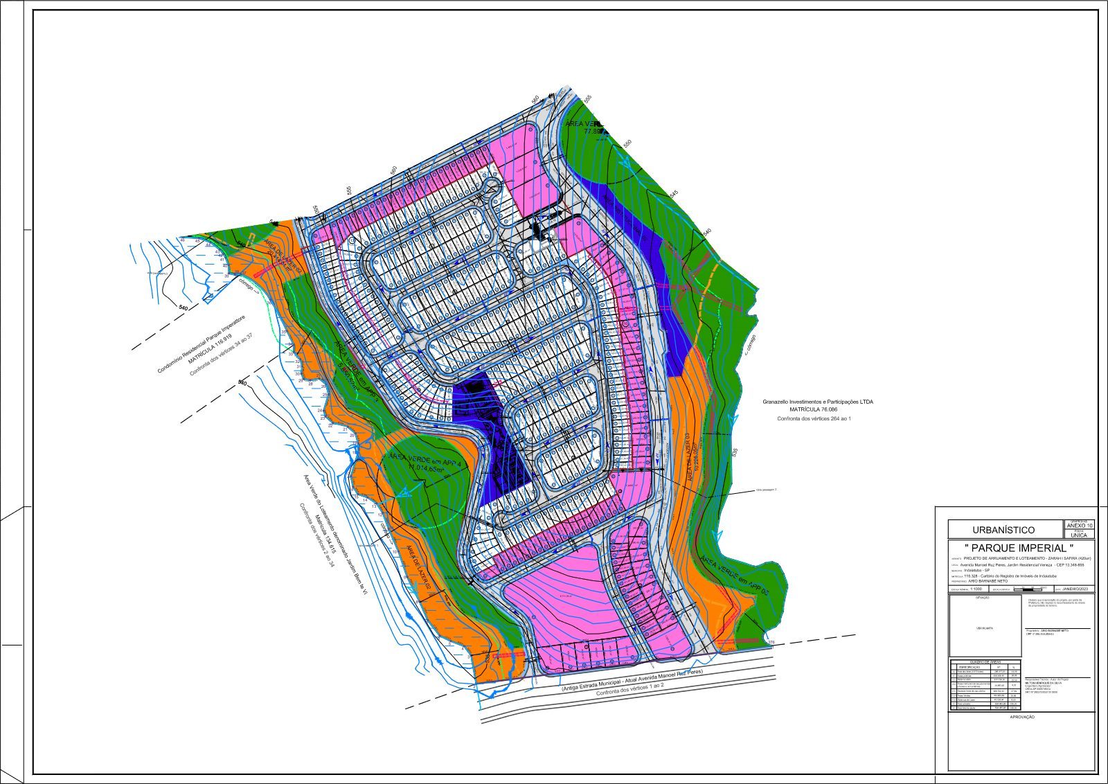Mapa urbanístico da Fase 1 Safira do Parque Zarah em Indaiatuba: projeto de arruamento e loteamento com 420 lotes nas quadras 3 a 13, áreas verdes, área de lazer e acesso pela Avenida Manoel Ruz Peres