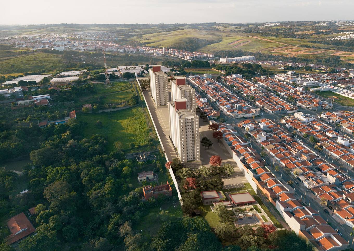 Perspectiva ilustrada aérea das três torres do Pertenze Residencial entre a mata e as casas do bairro