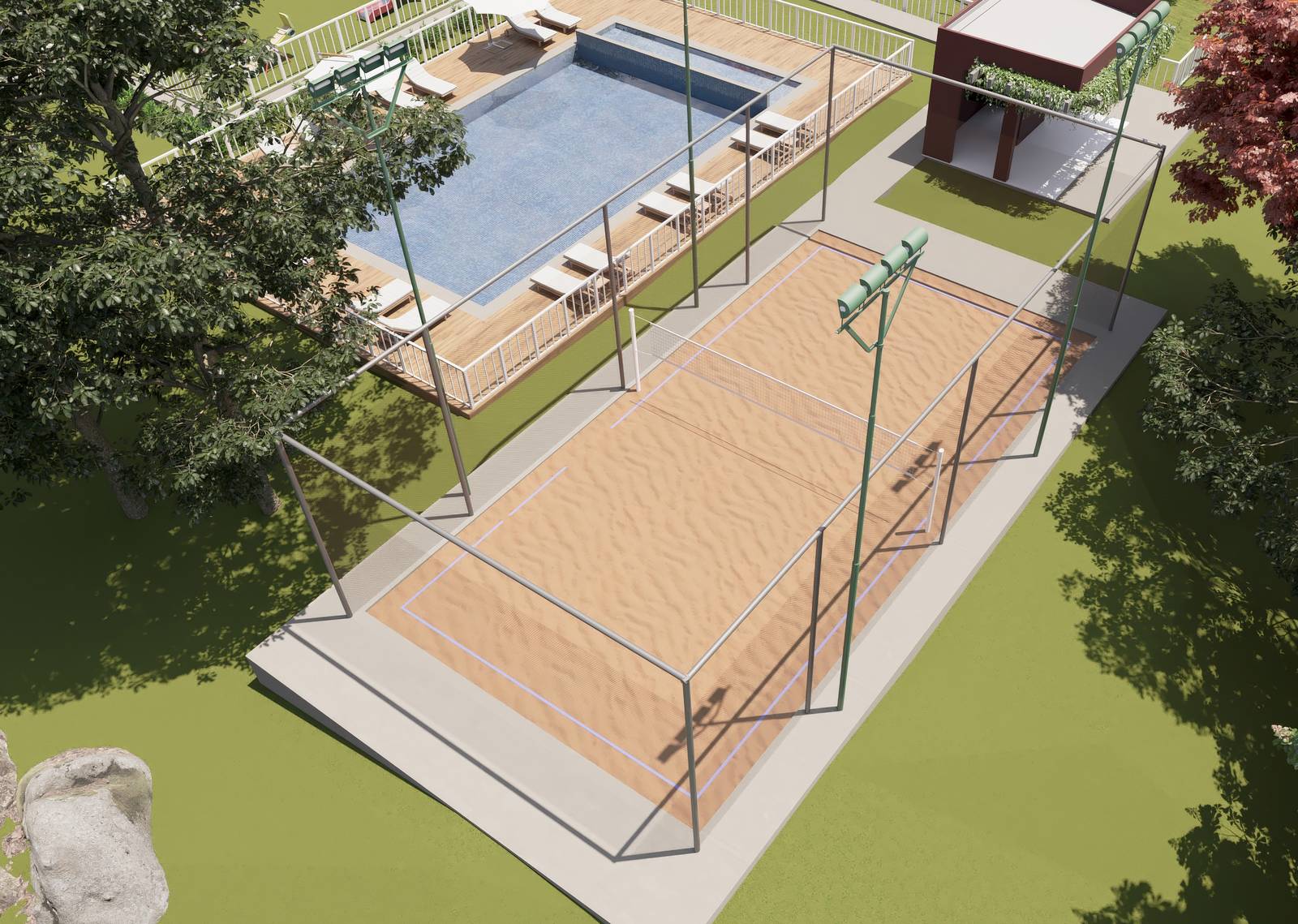 Perspectiva ilustrada da quadra de beach tennis com areia e rede