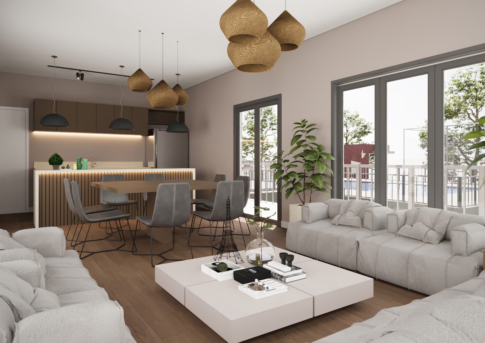 Perspectiva ilustrada da casa de campo, com sala de estar e cozinha integradas