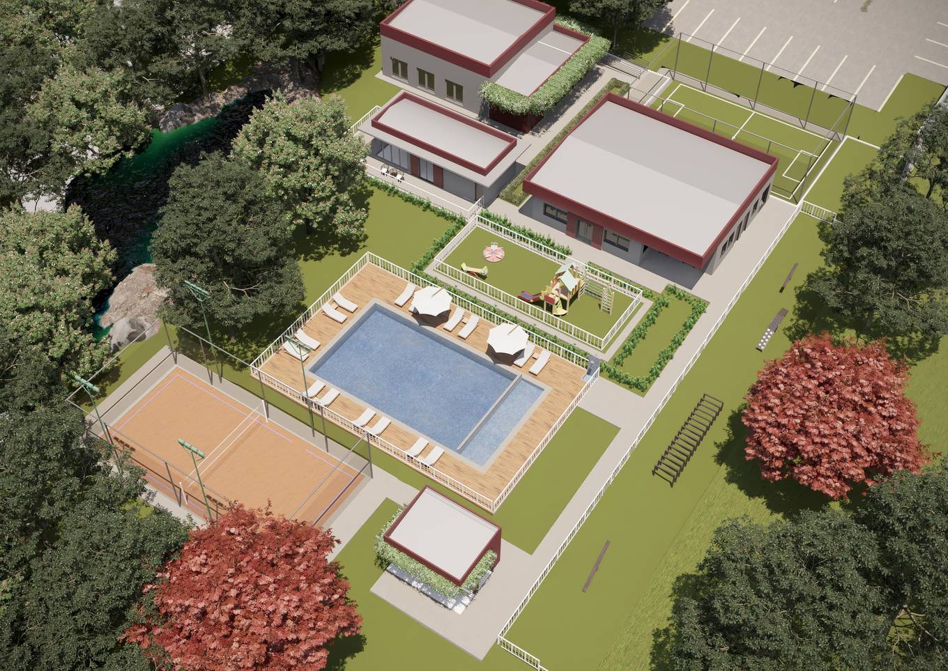 Perspectiva ilustrada aérea da área de lazer do Pertenze Residencial, com piscina, quadra e playground