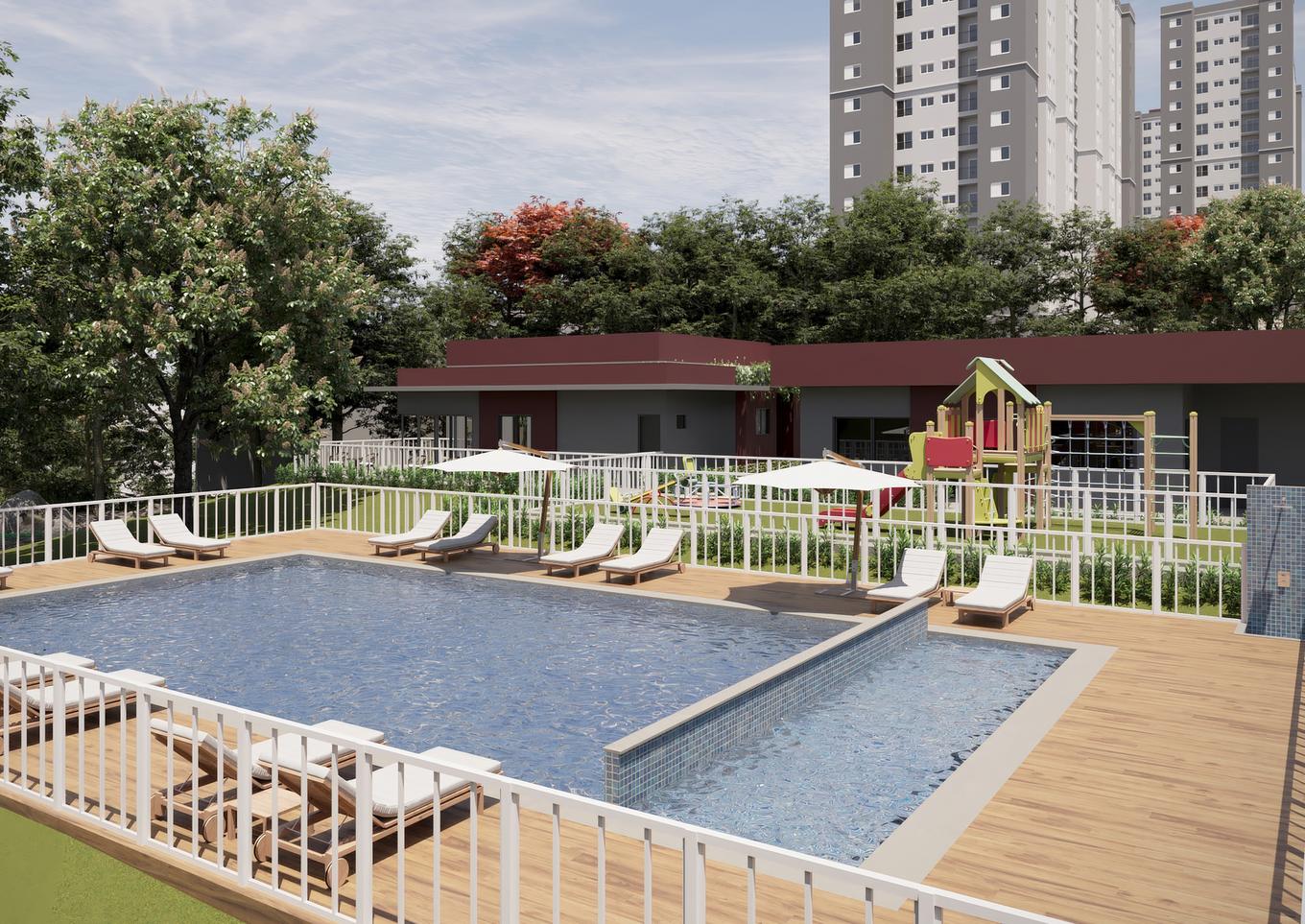 Perspectiva ilustrada da piscina com deck de madeira e espreguiçadeiras