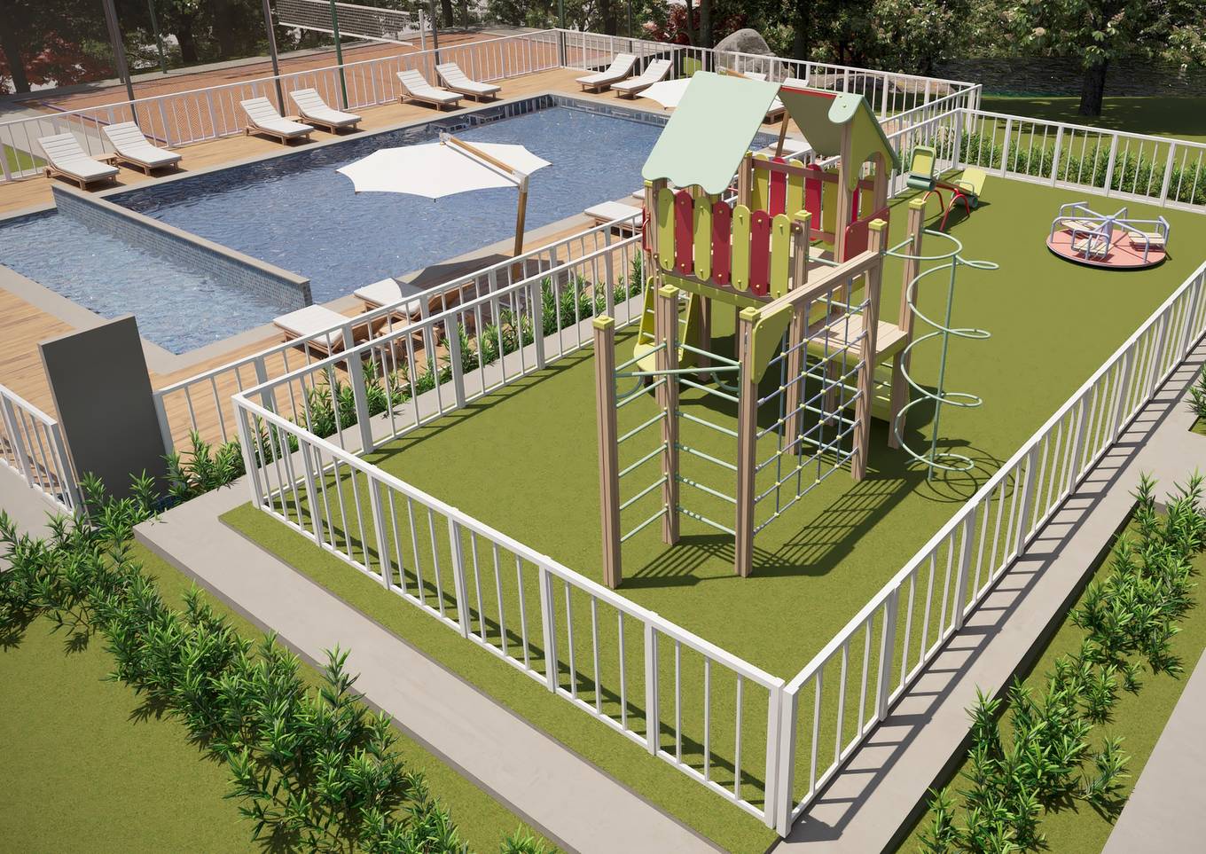 Perspectiva ilustrada do playground com brinquedos sobre a grama