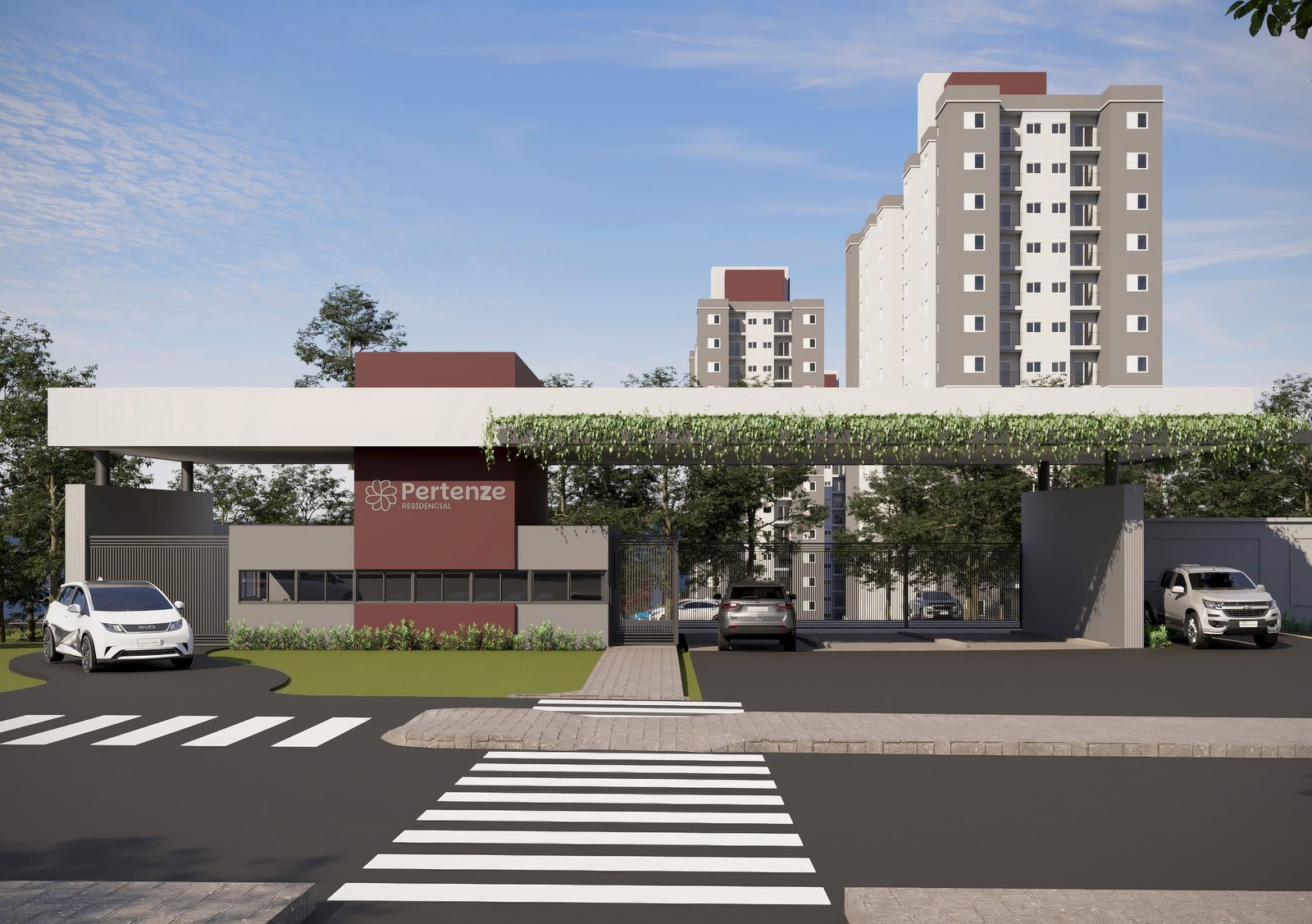 Perspectiva ilustrada da portaria do Pertenze Residencial com as torres ao fundo