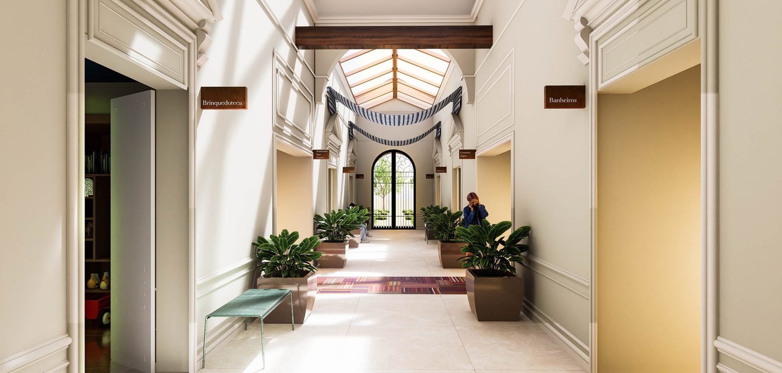 Perspectiva ilustrada do hall interno da Club House