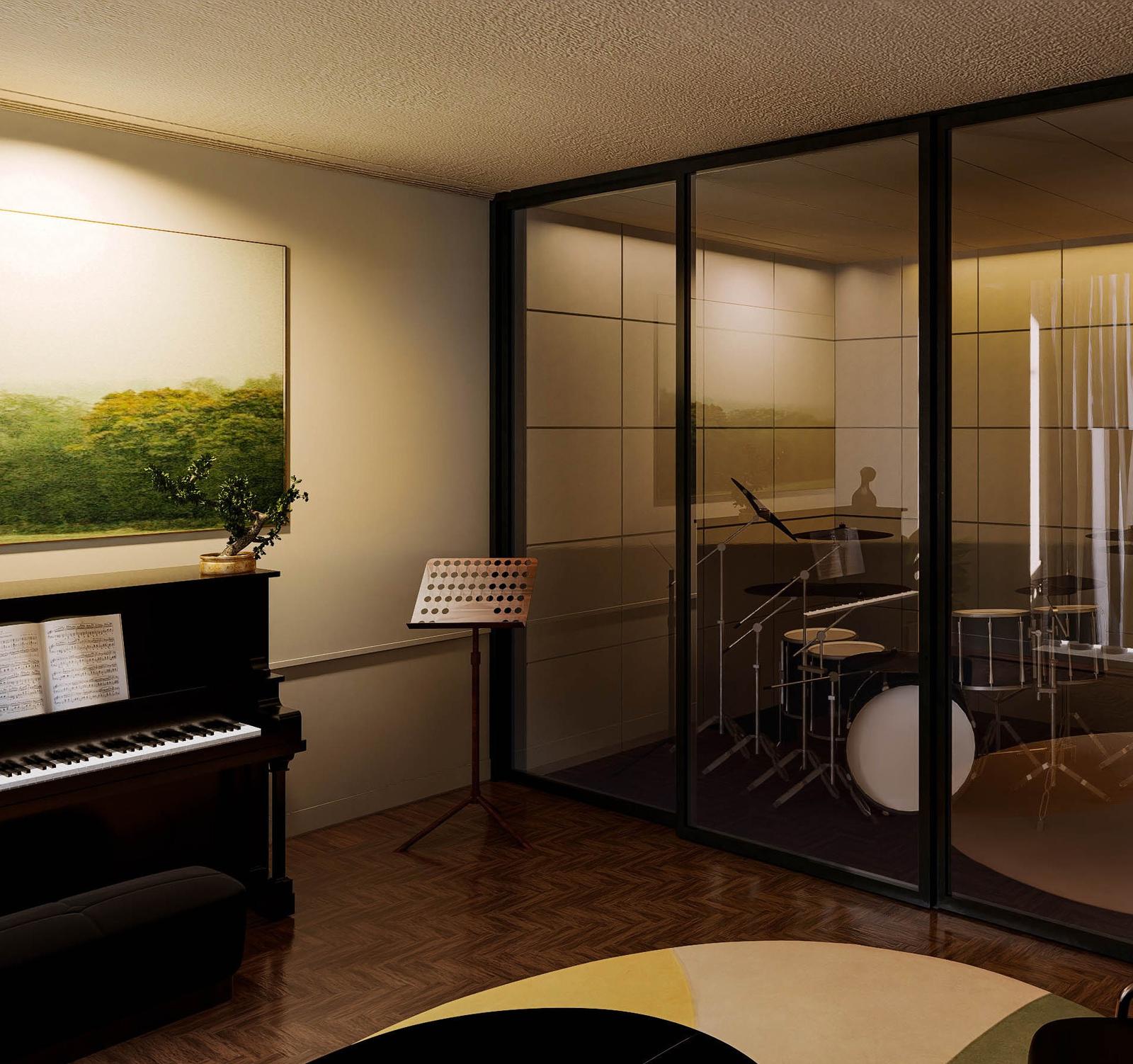 Perspectiva ilustrada da sala de música com piano