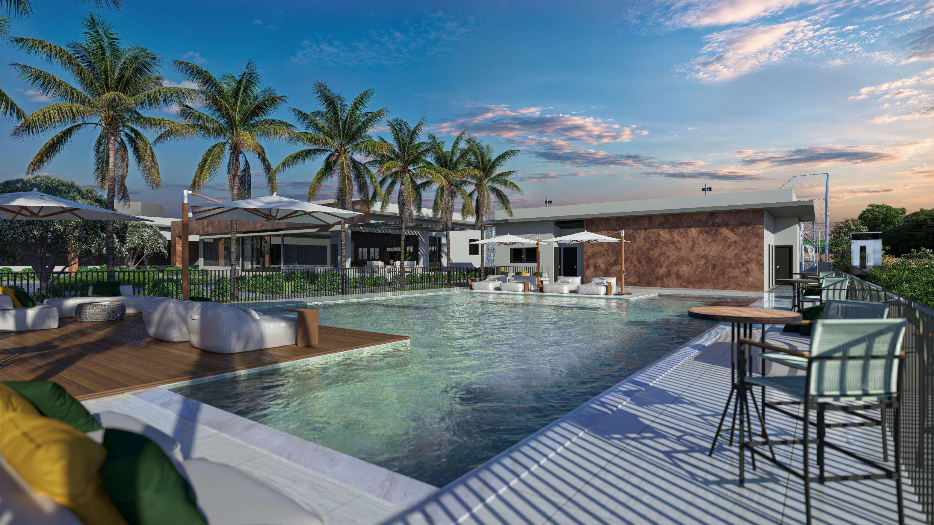 Residencial Ravello piscina com deque e palmeiras