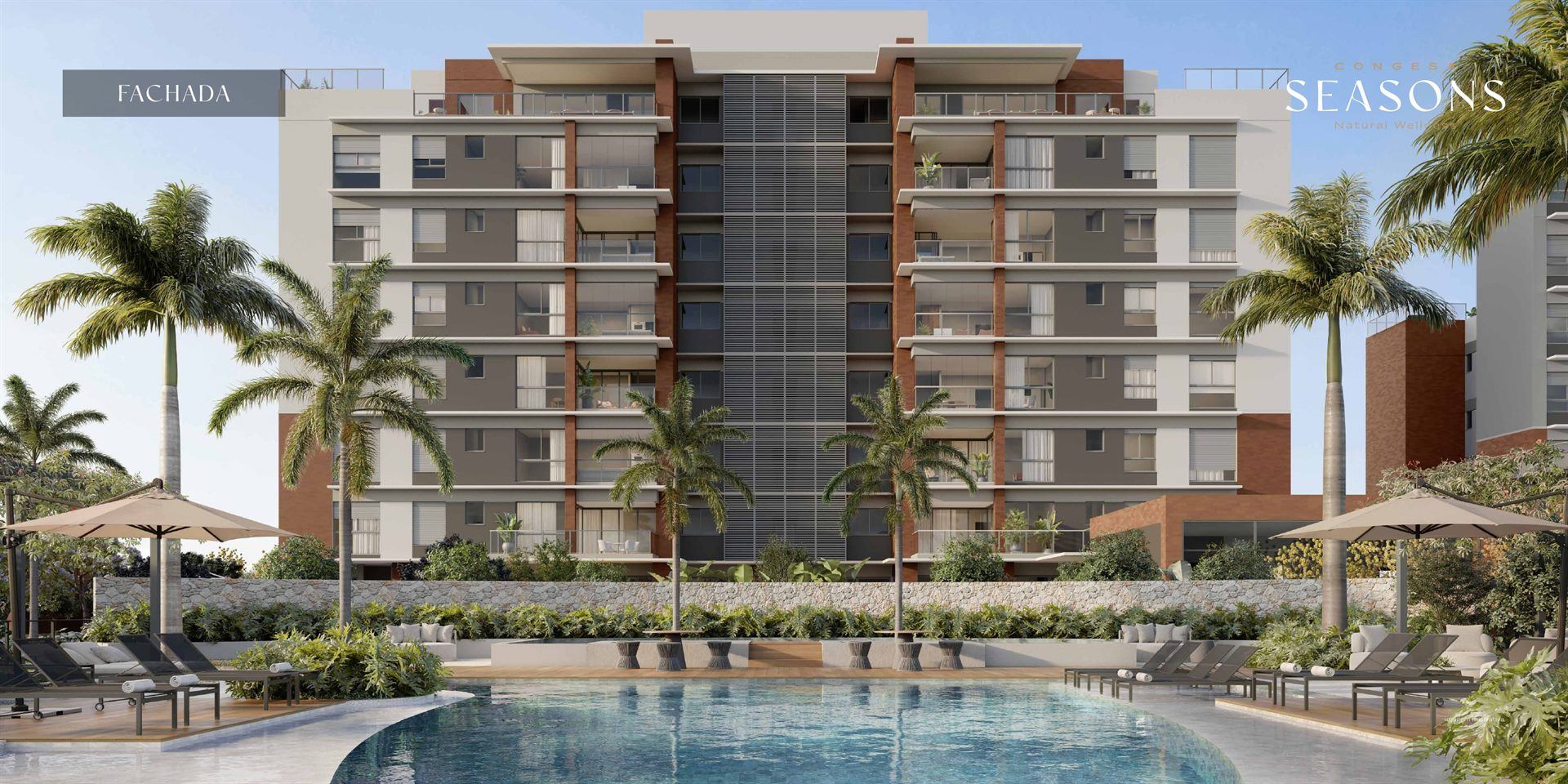 Fachada Congesa Seasons Natural Wellness Indaiatuba com piscina e palmeiras