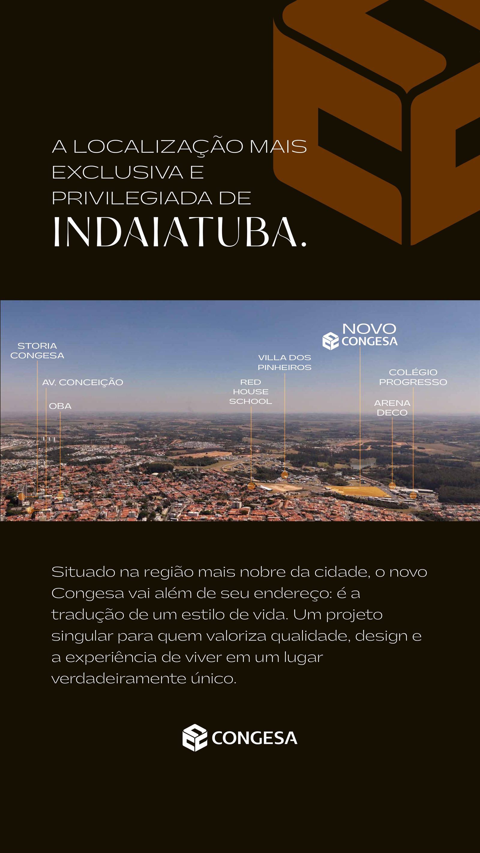 Mapa localização Congesa Seasons Indaiatuba com Storia Congesa, Villa dos Pinheiros, Red House School, Colégio Progresso e Arena Deco