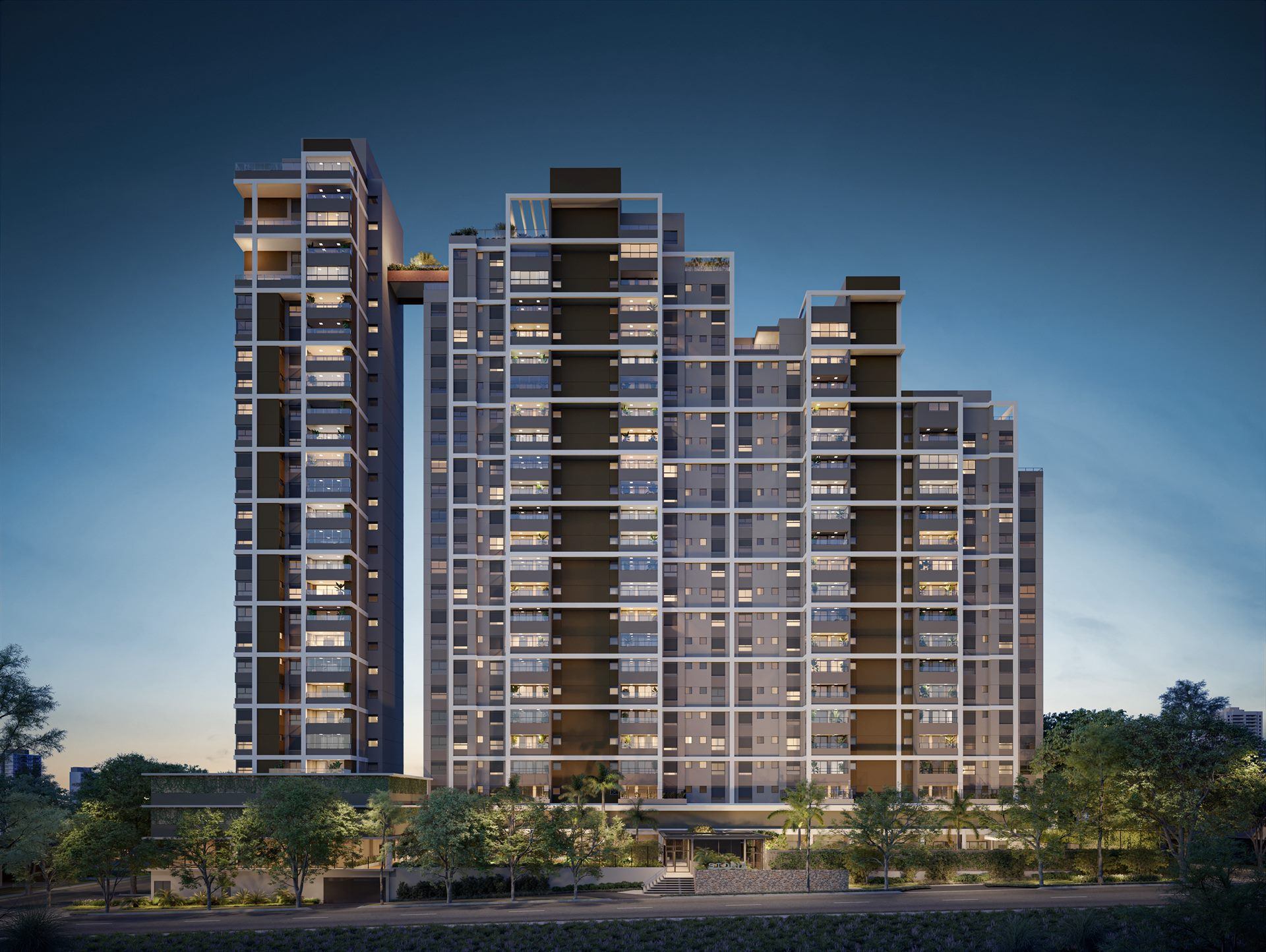 Fachada frontal Storia Congesa Indaiatuba render diurno duas torres