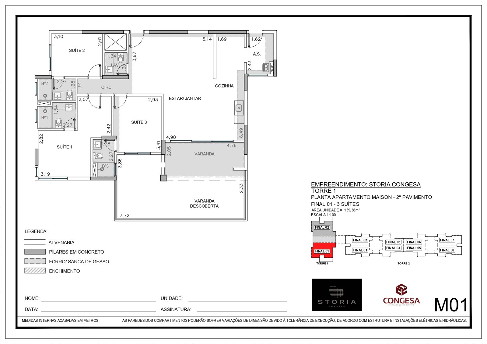 Planta 2 dormitórios 70m² Storia Congesa