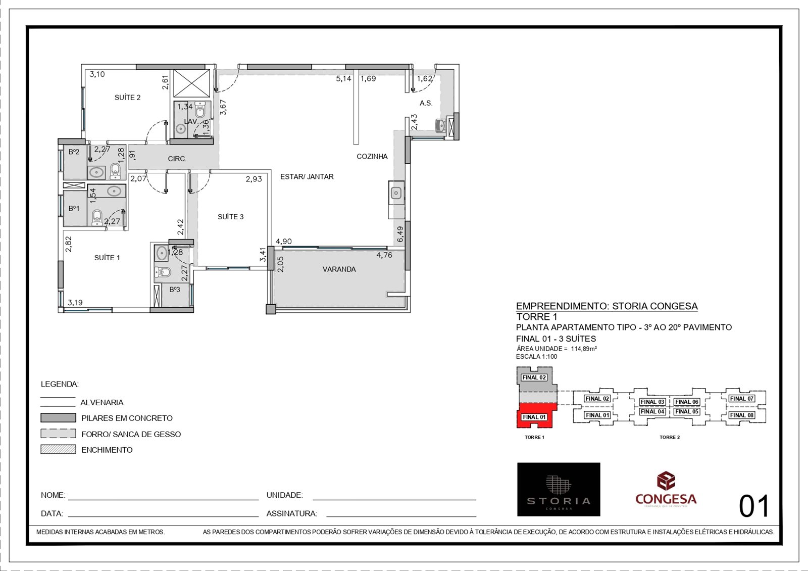 Planta 3 suítes 114m² Storia Congesa