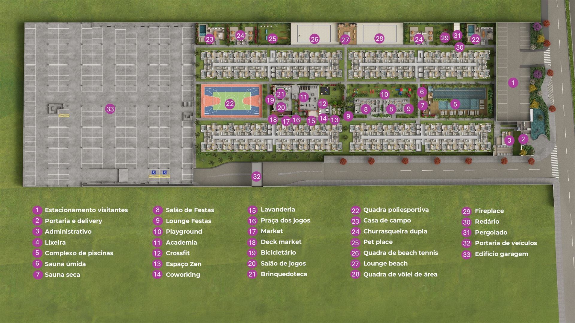 Implantação Uni Residencial com 33 áreas de lazer numeradas — 4 torres, edifício garagem, portaria de veículos e portaria social