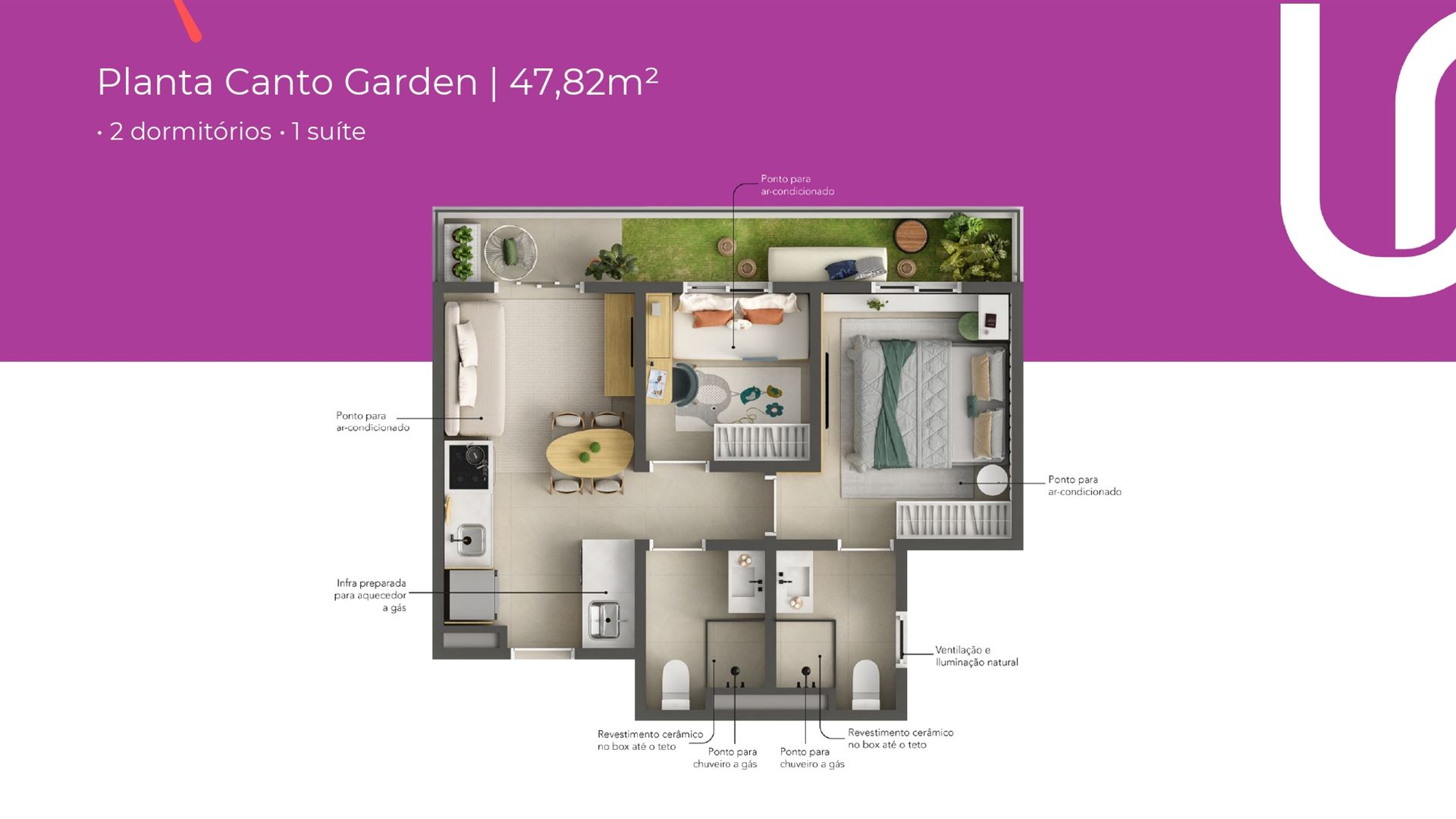 Planta Canto Garden Uni Residencial 47,82 m² — 2 dormitórios e 1 suíte com jardim privativo