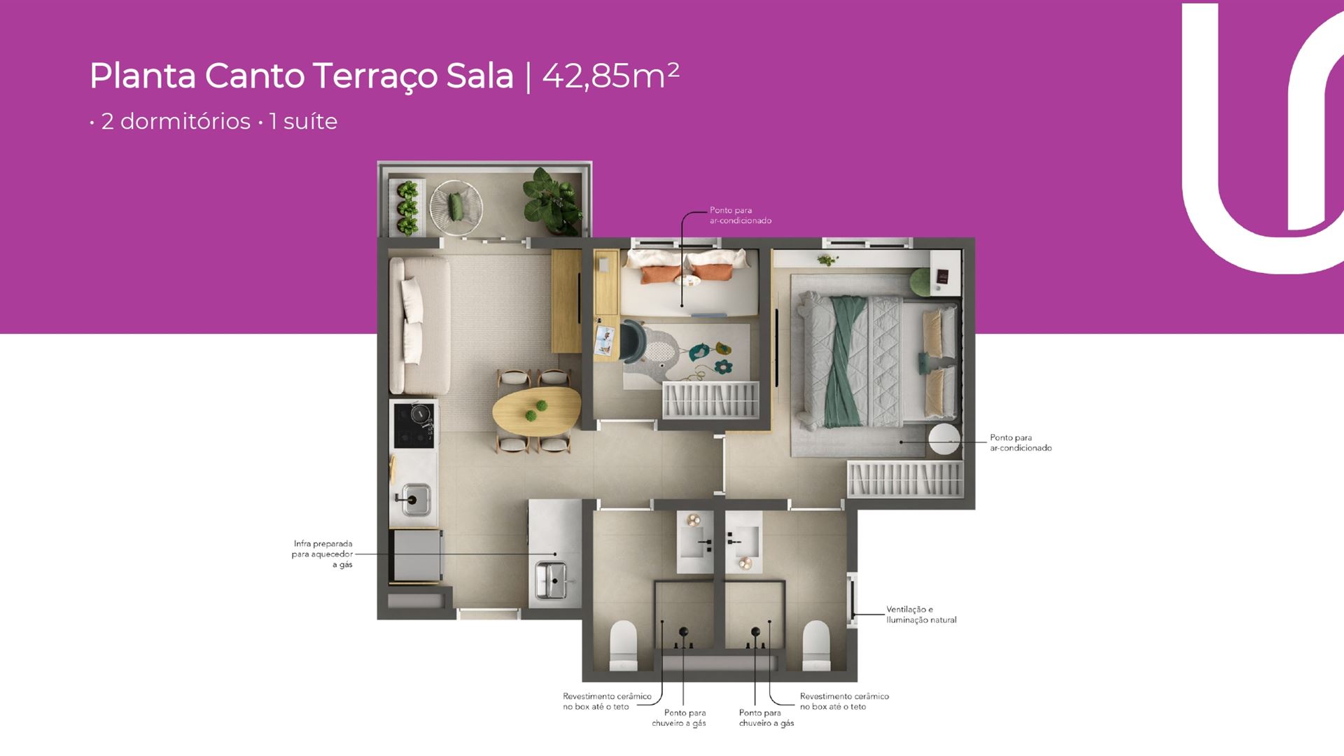 Planta Canto Terraço Sala Uni Residencial 42,85 m²