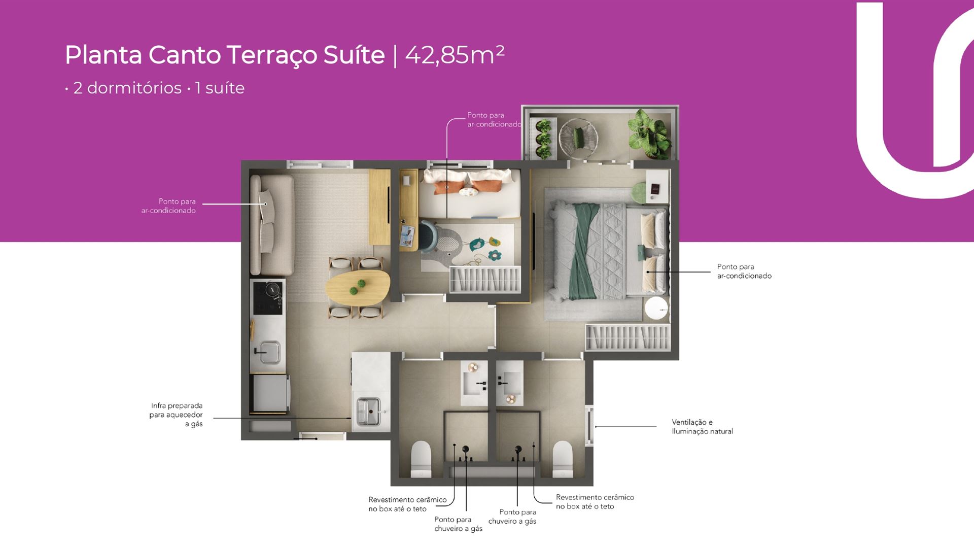 Planta Canto Terraço Suíte Uni Residencial 42,85 m²