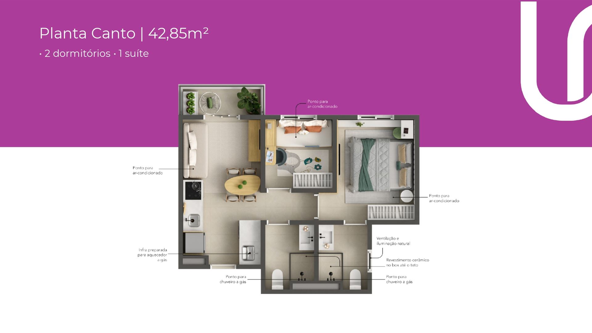 Planta Canto Uni Residencial 42,85 m² — 2 dormitórios e 1 suíte