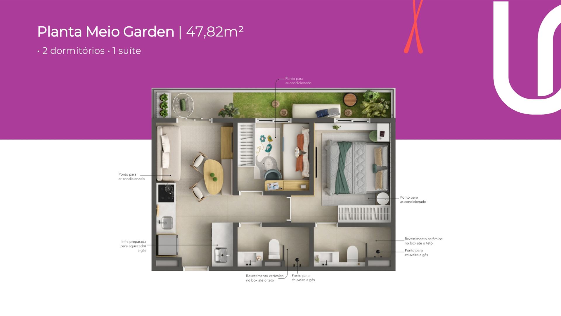 Planta Meio Garden Uni Residencial 47,82 m² — 2 dormitórios e 1 suíte com jardim privativo
