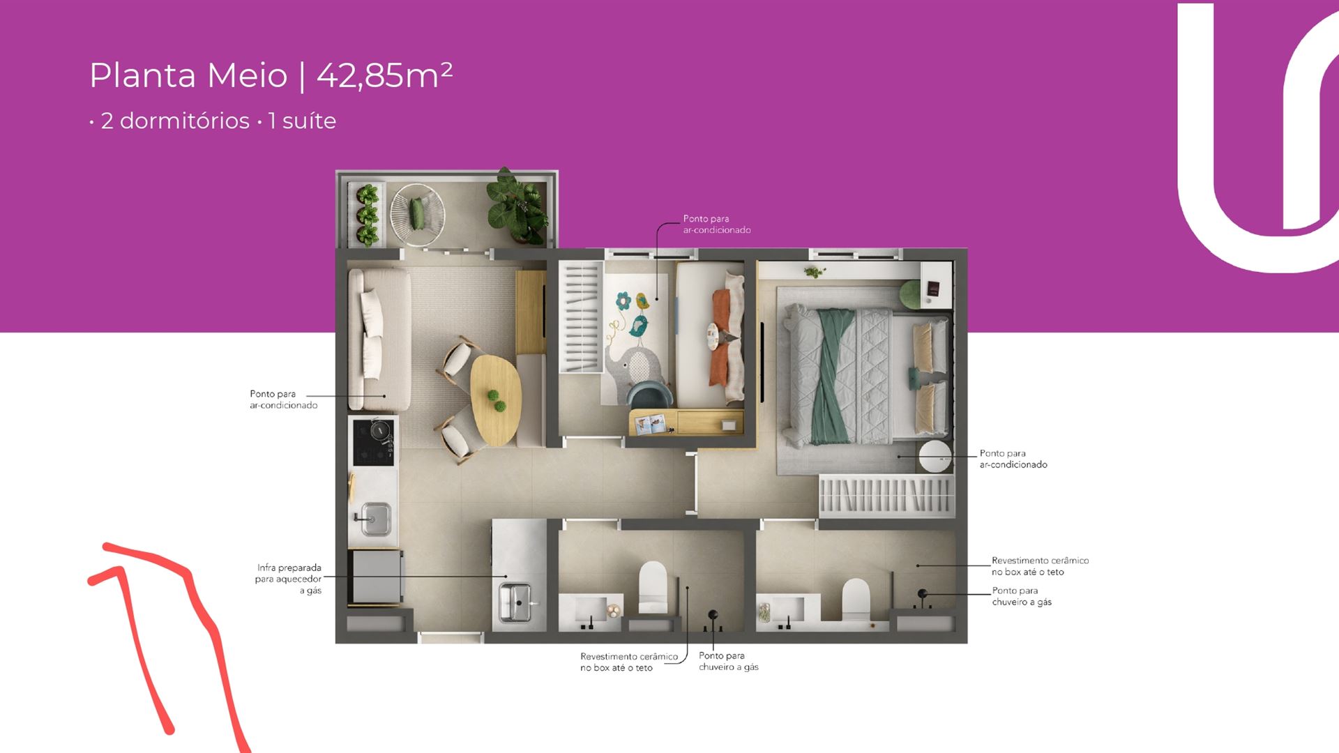 Planta Meio Uni Residencial 42,85 m² — 2 dormitórios e 1 suíte