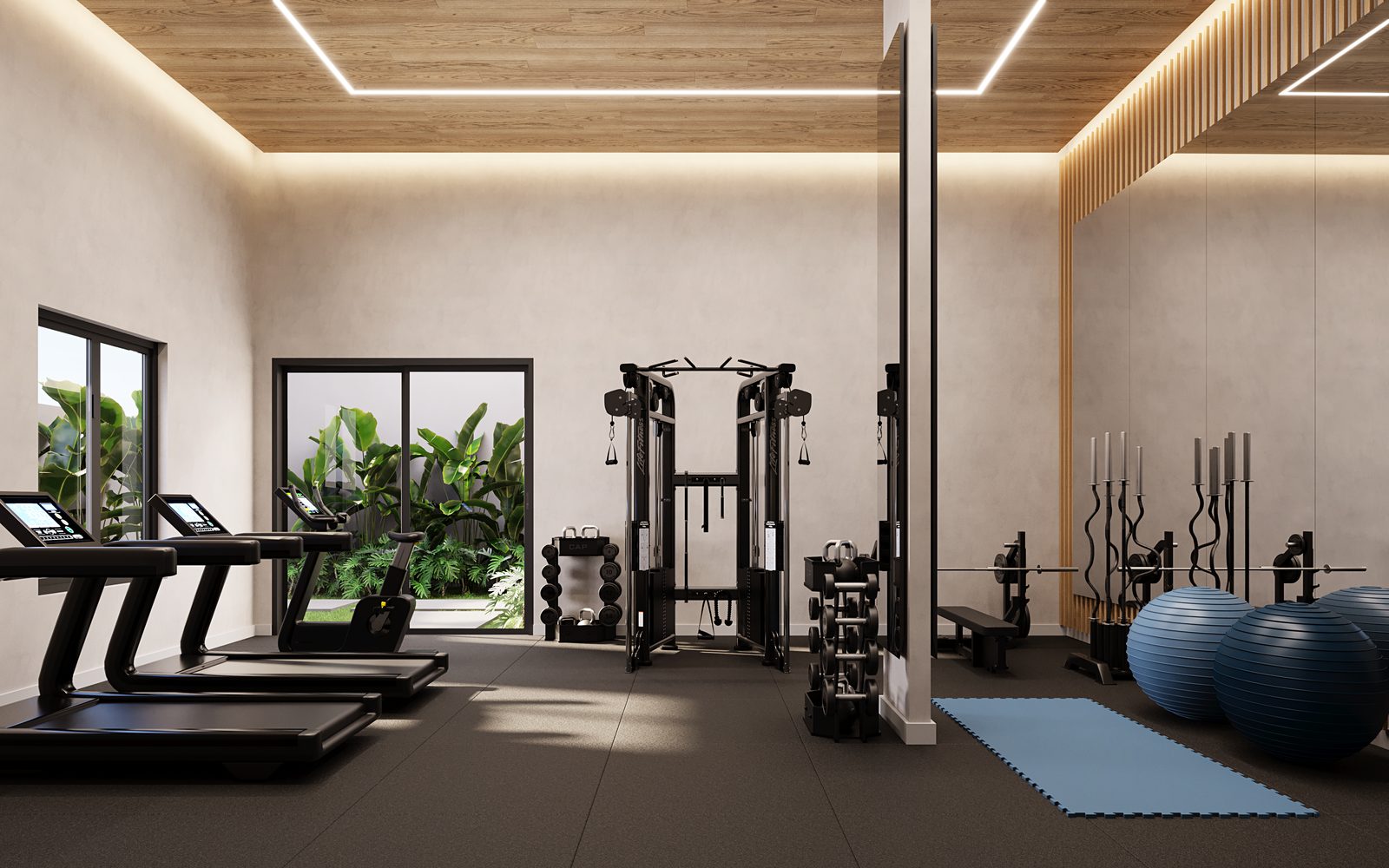 Perspectiva ilustrada da academia com esteiras, bicicleta, estação de cabos, halteres e bolas de pilates