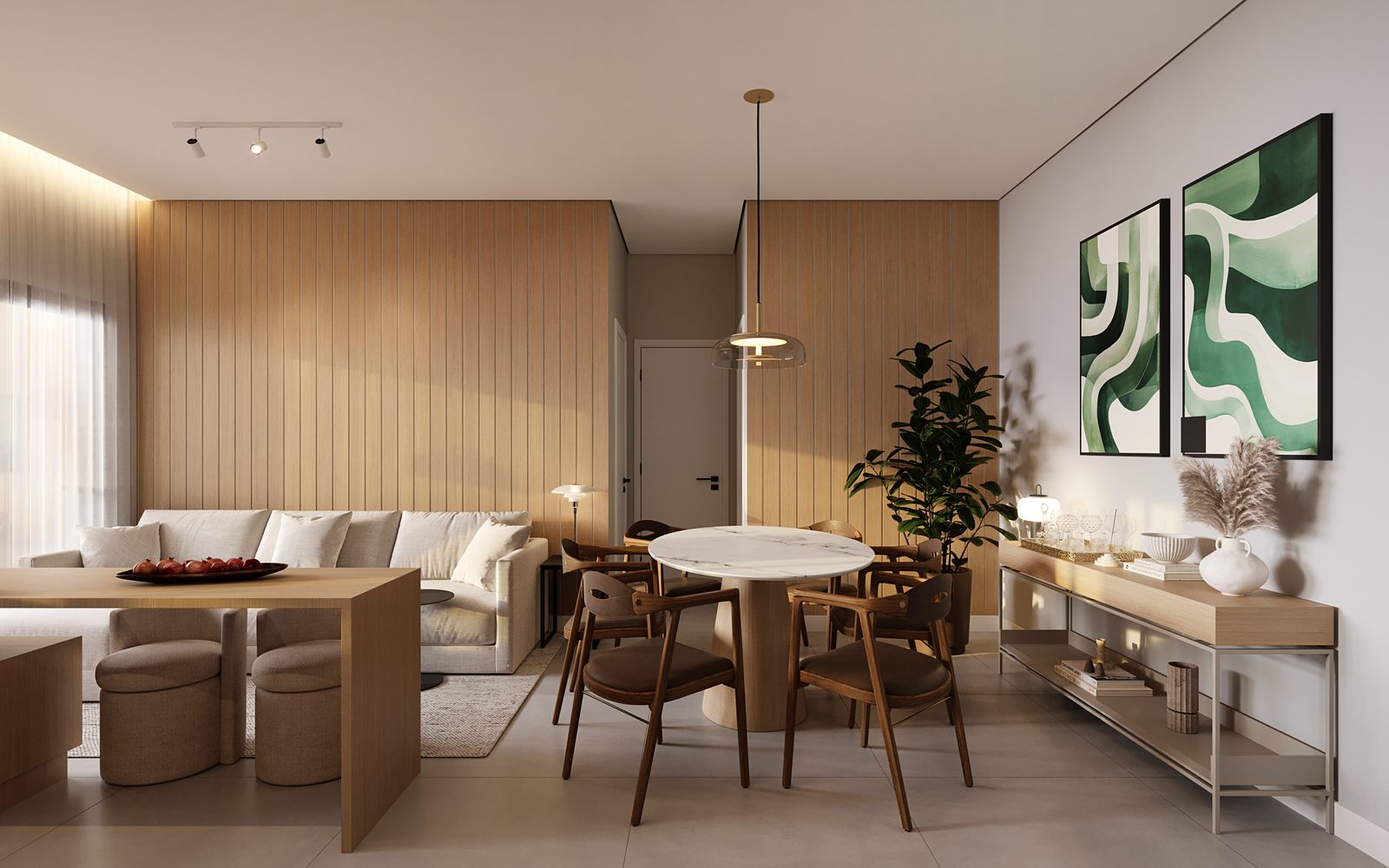 Perspectiva ilustrada da sala de estar e jantar do apartamento de 2 suítes, com sofá, mesa redonda e aparador