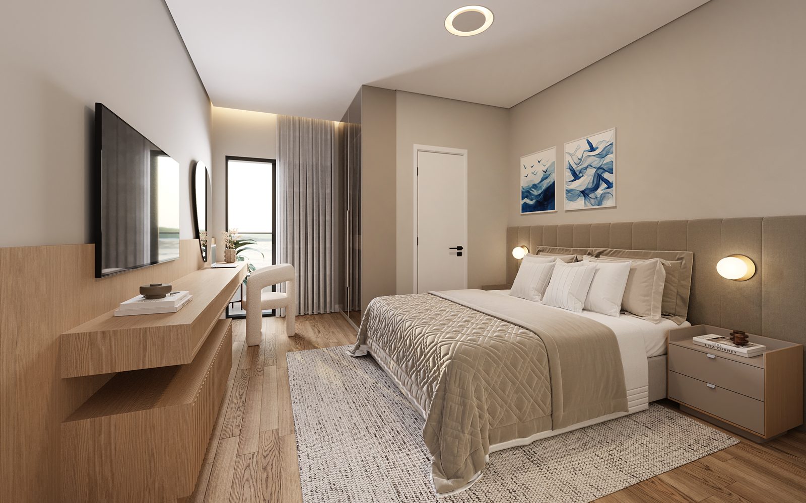 Perspectiva ilustrada de uma suíte do apartamento de 2 suítes, com cama de casal, bancada com televisão e armário