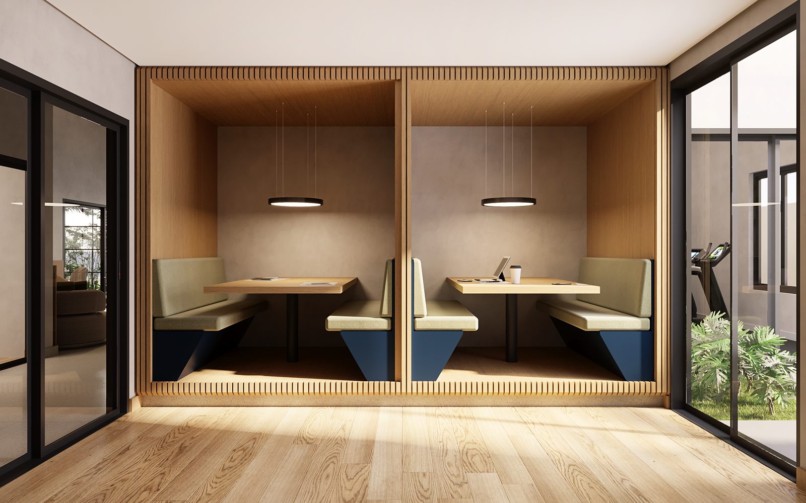 Perspectiva ilustrada das cabines do coworking, com bancos estofados e mesas de trabalho
