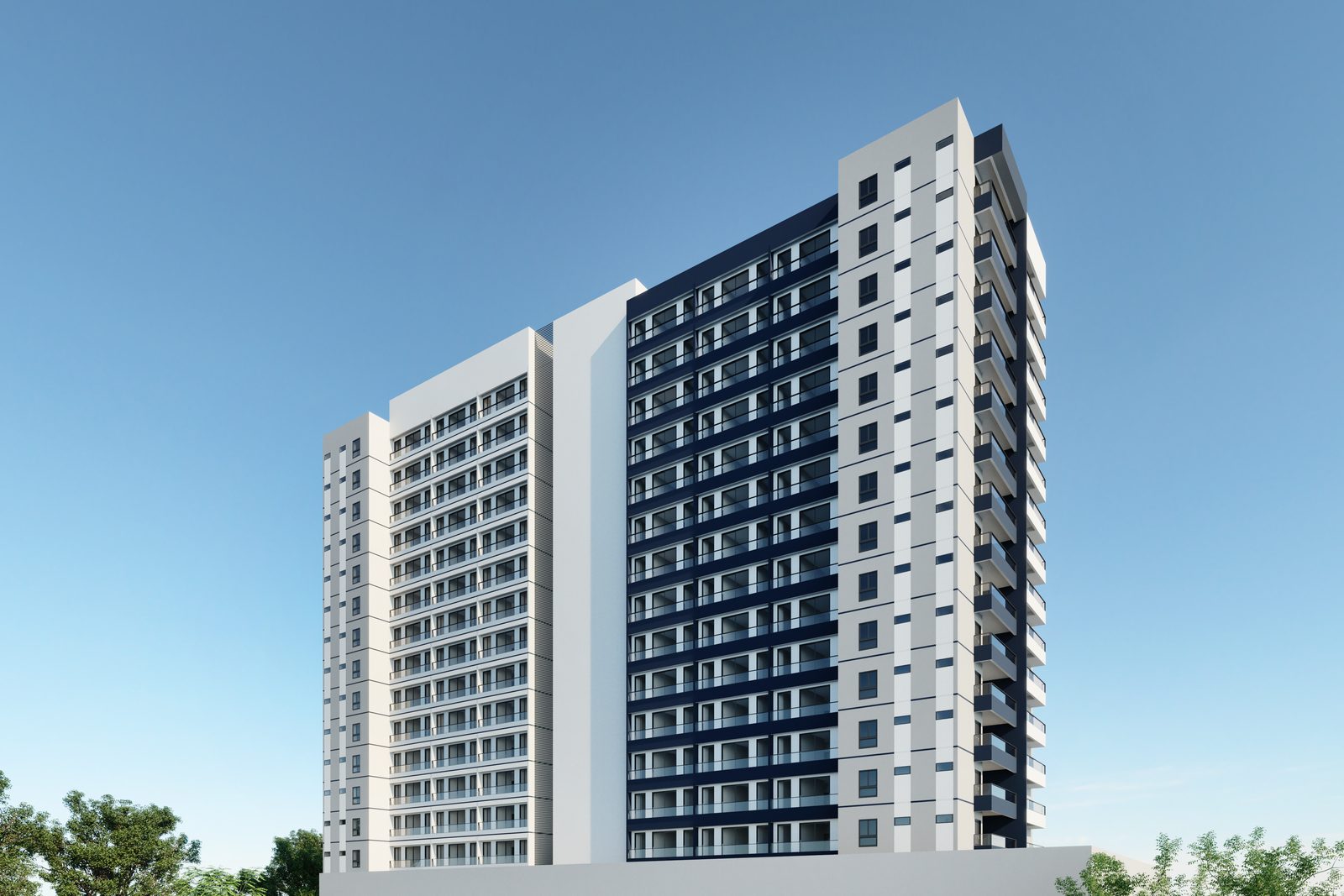 Perspectiva ilustrada da torre do Vila Plaza Residence vista de outro ângulo, com a fachada branca e as varandas em azul-marinho