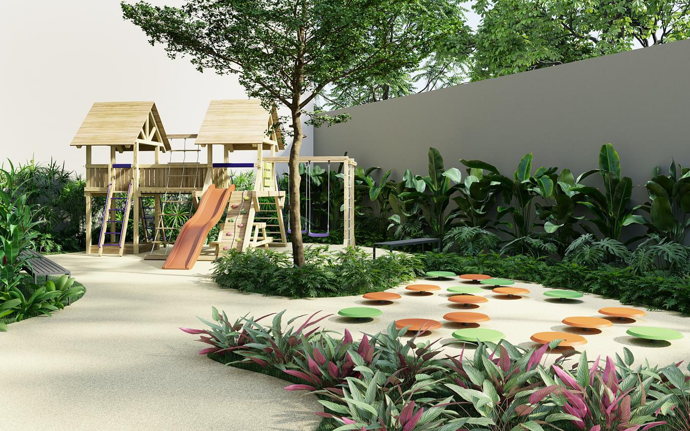 Perspectiva ilustrada do playground com casinha de madeira, escorregador, balanços e jardim