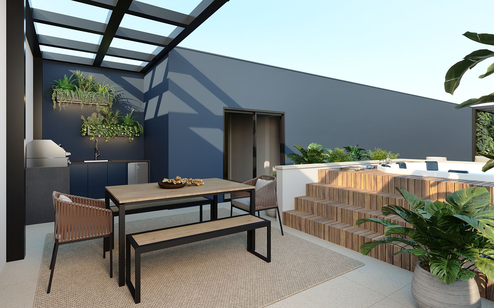 Perspectiva ilustrada de uma área gourmet do rooftop, com bancada com pia, mesa com banco e hidromassagem em deck de madeira