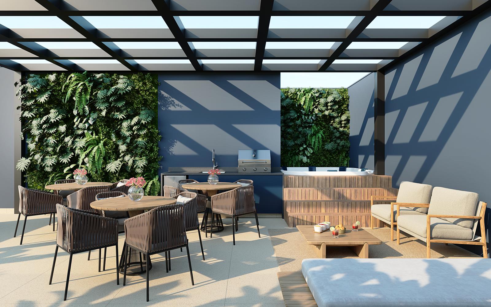 Perspectiva ilustrada de uma área gourmet do rooftop, com pergolado, jardim vertical, mesas redondas, bancada com pia e hidromassagem ao fundo
