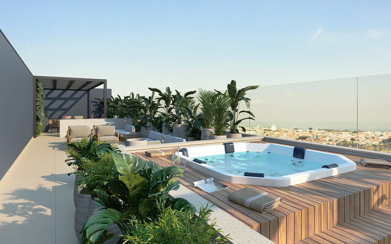 Perspectiva ilustrada da hidromassagem do rooftop em deck de madeira, com guarda-corpo de vidro, plantas e a cidade ao fundo