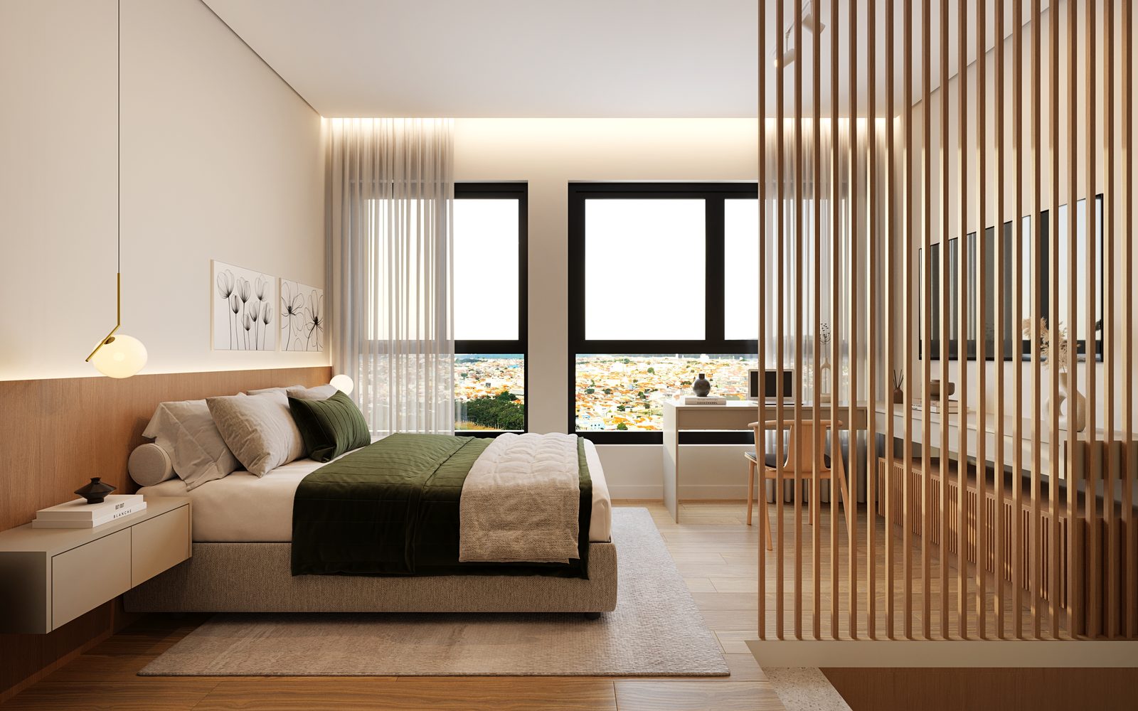 Perspectiva ilustrada do quarto do studio duplex, com cama de casal, bancada de estudo junto à janela e divisória de ripas de madeira
