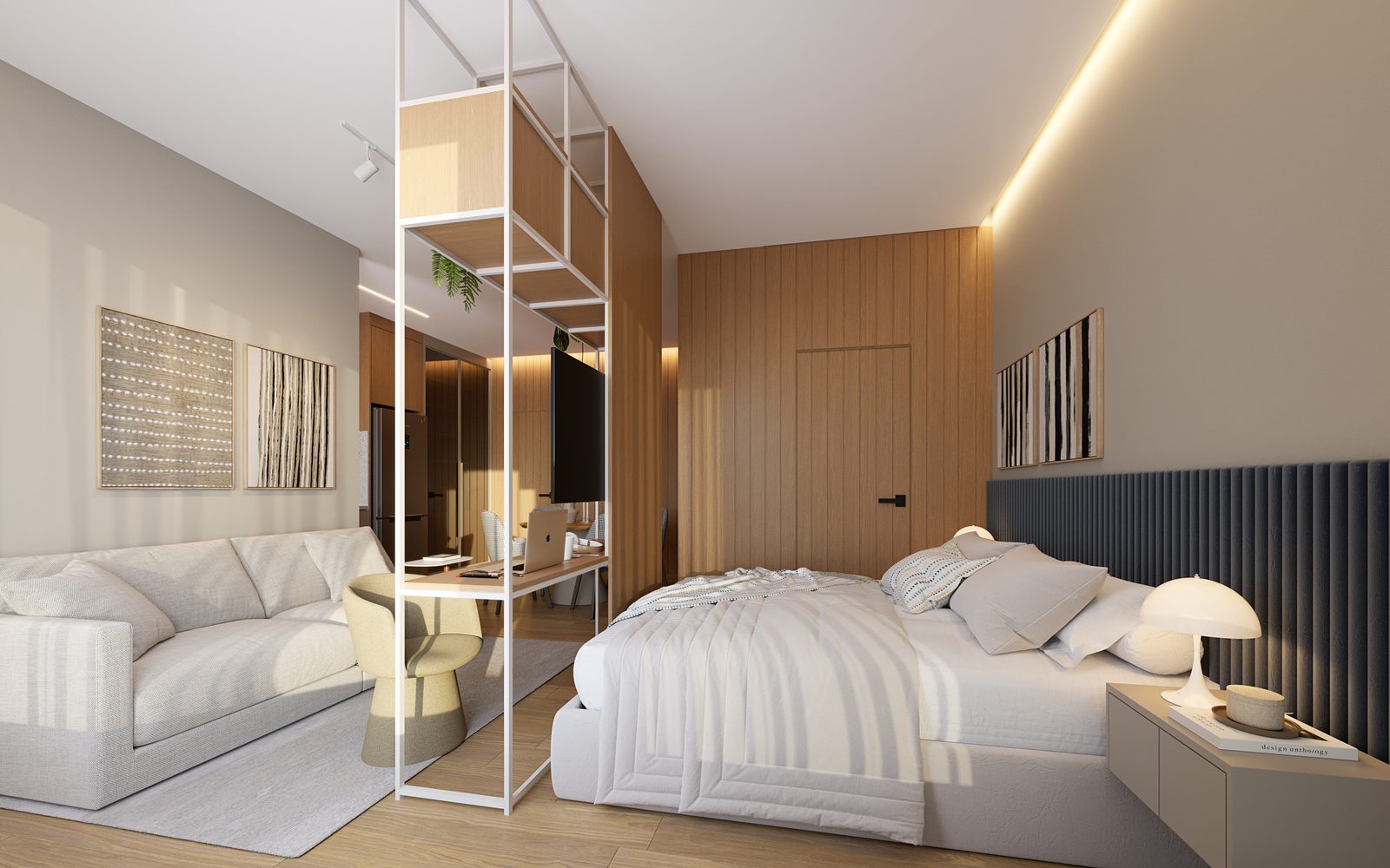 Perspectiva ilustrada da área de dormir do studio, com cama de casal, estante vazada e bancada de trabalho ao lado do sofá