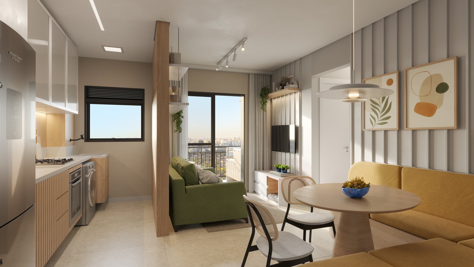 Sala integrada à cozinha e varanda gourmet de apartamento decorado do Viva Parque Aura (imagem ilustrativa)