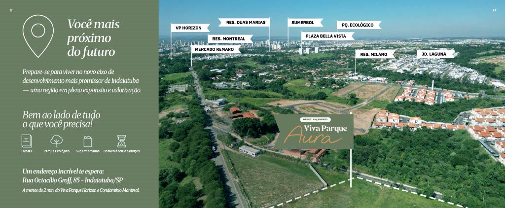 Mapa aéreo entorno Viva Parque Aura Indaiatuba com pontos de referência VP Horizon, Res. Montreal, Sumerbol, Plaza Bella Vista, Parque Ecológico