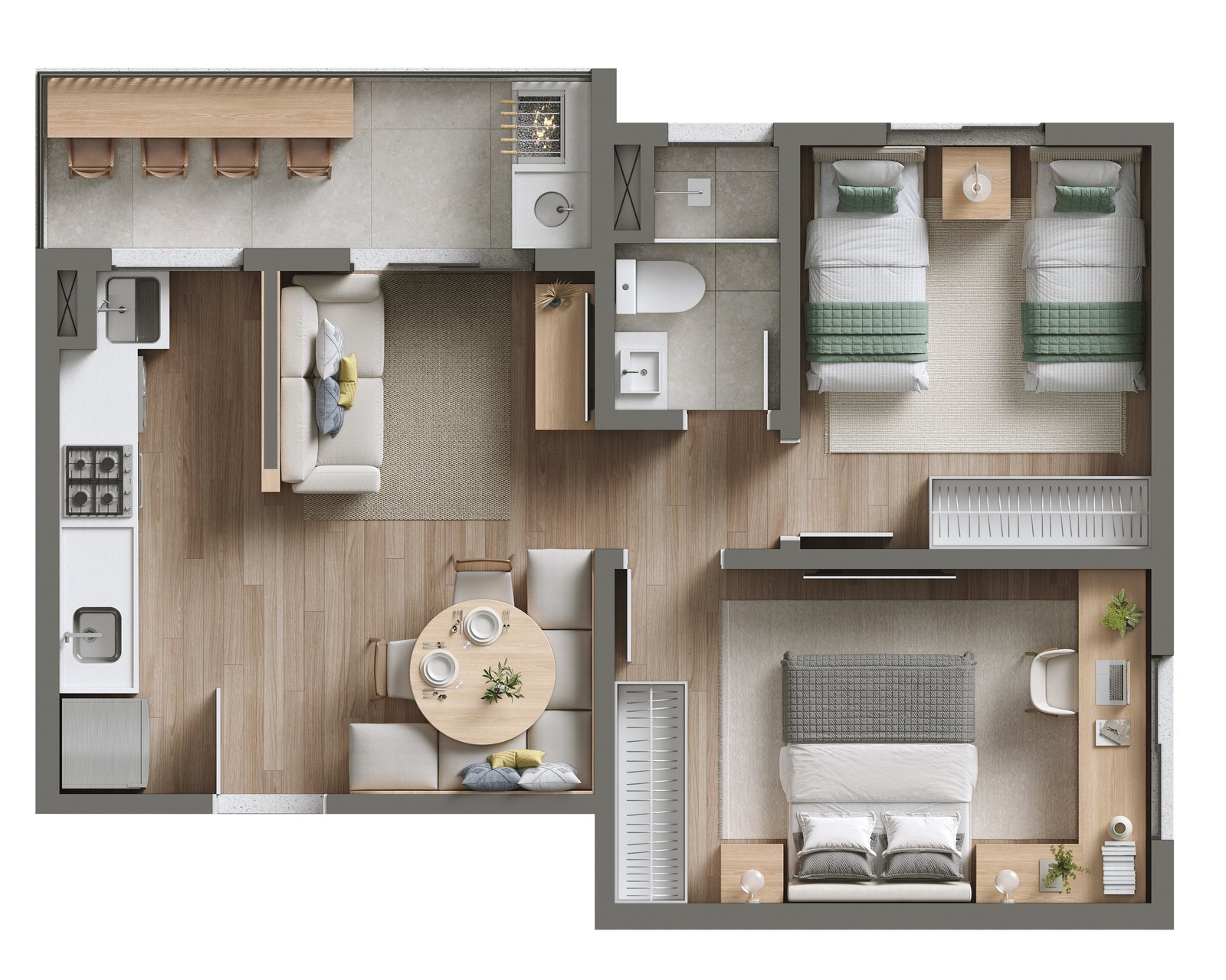 Planta Tipo 1 com varanda estendida do Viva Parque Aura, 49,22 m²