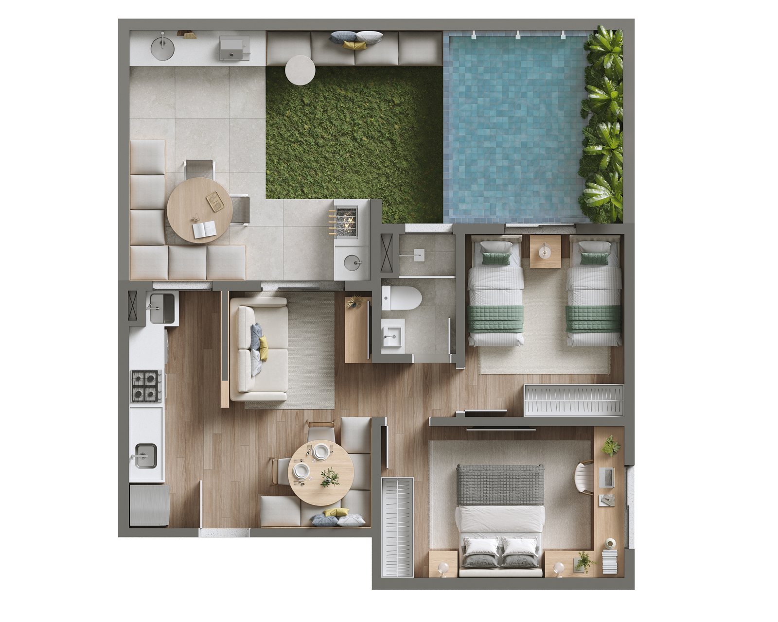 Planta Tipo 1 garden do Viva Parque Aura, 76,53 m², com área descoberta