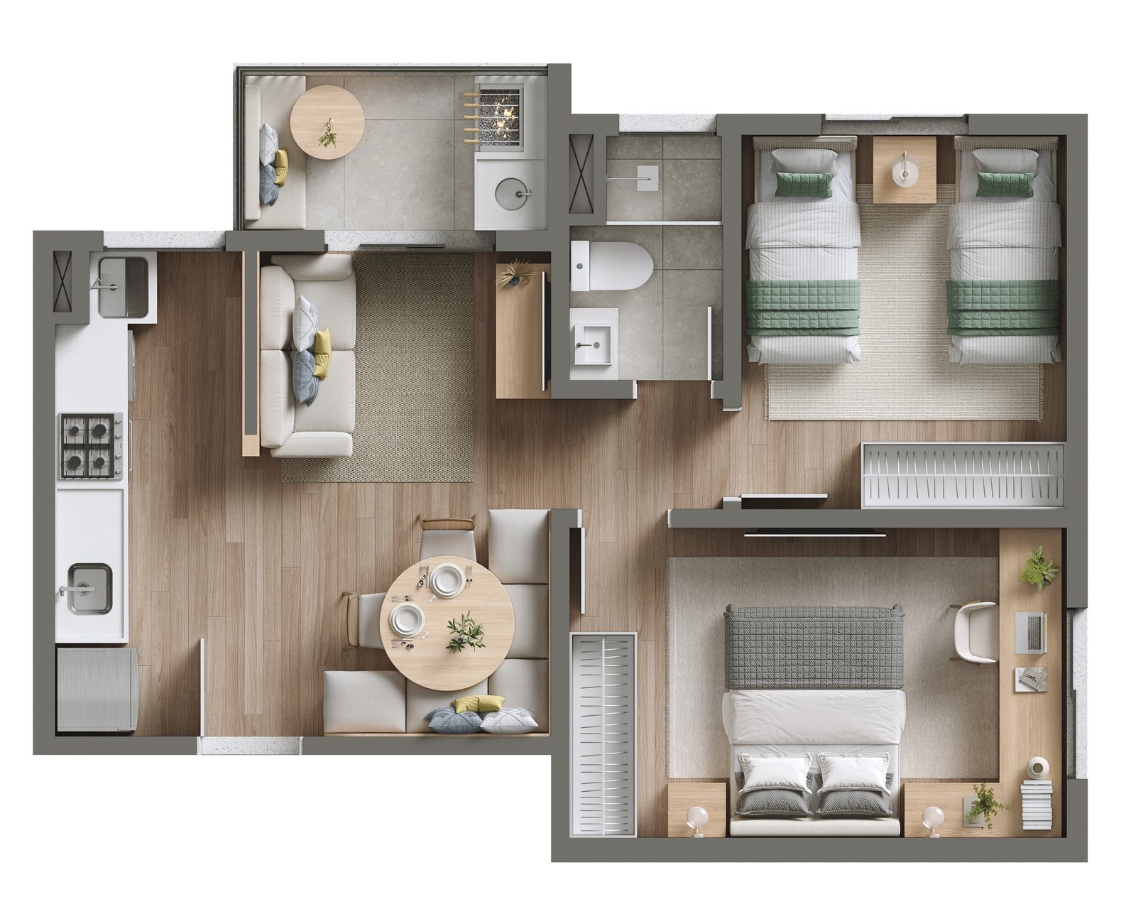 Planta Tipo 1 do Viva Parque Aura, 47,17 m², 2 dormitórios