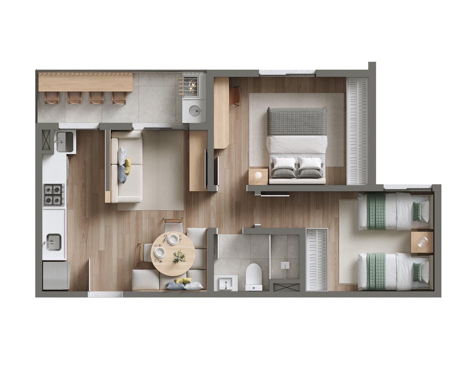 Planta Tipo 2 com varanda estendida do Viva Parque Aura, 50,29 m²