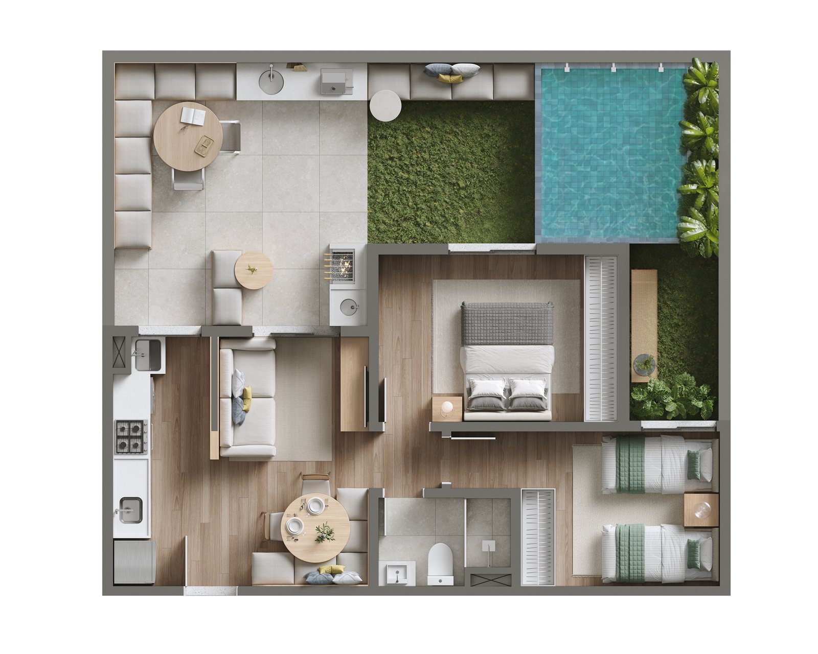 Planta Tipo 2 garden do Viva Parque Aura, 84,65 m², com área descoberta