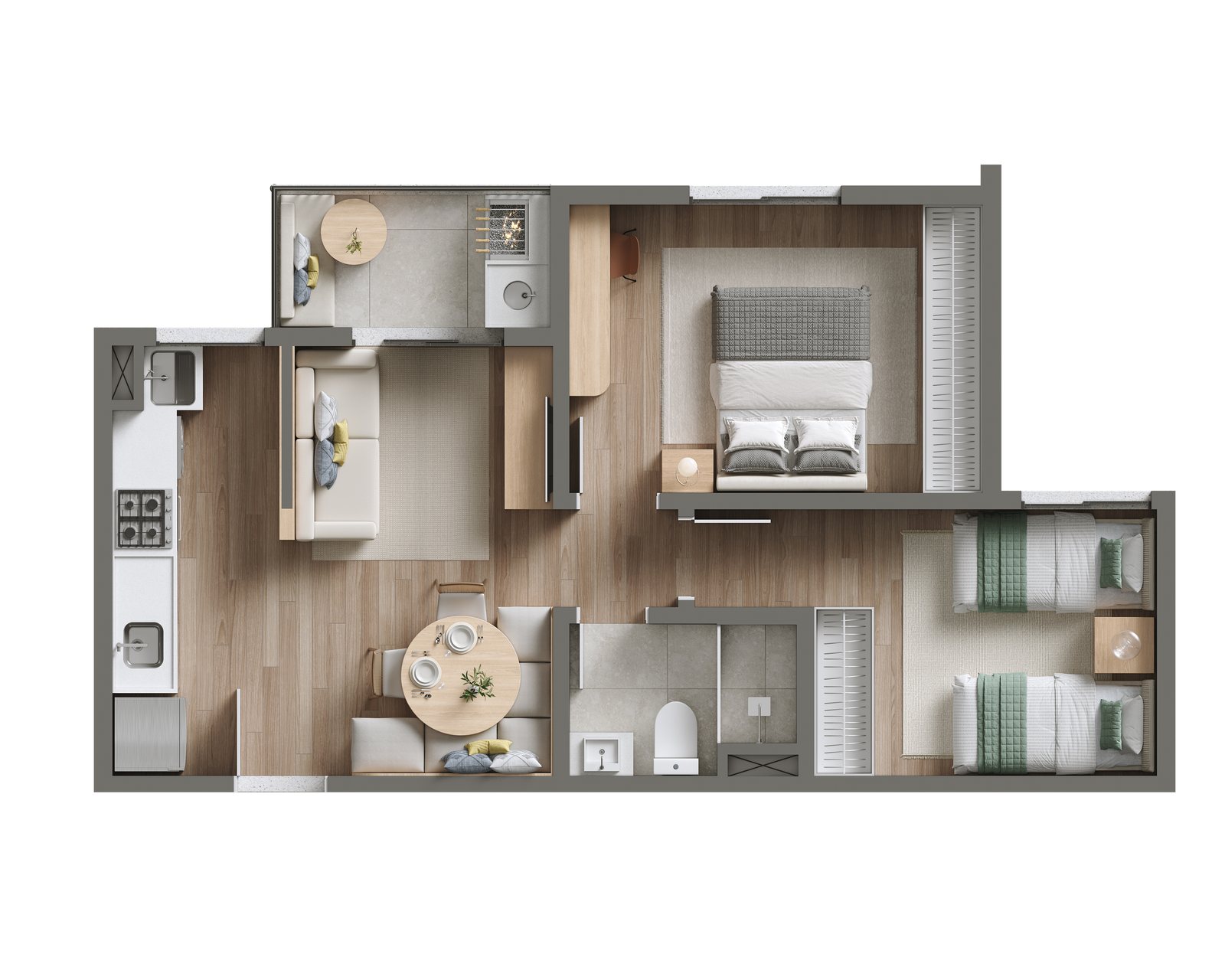 Planta Tipo 2 do Viva Parque Aura, 48,24 m², 2 dormitórios
