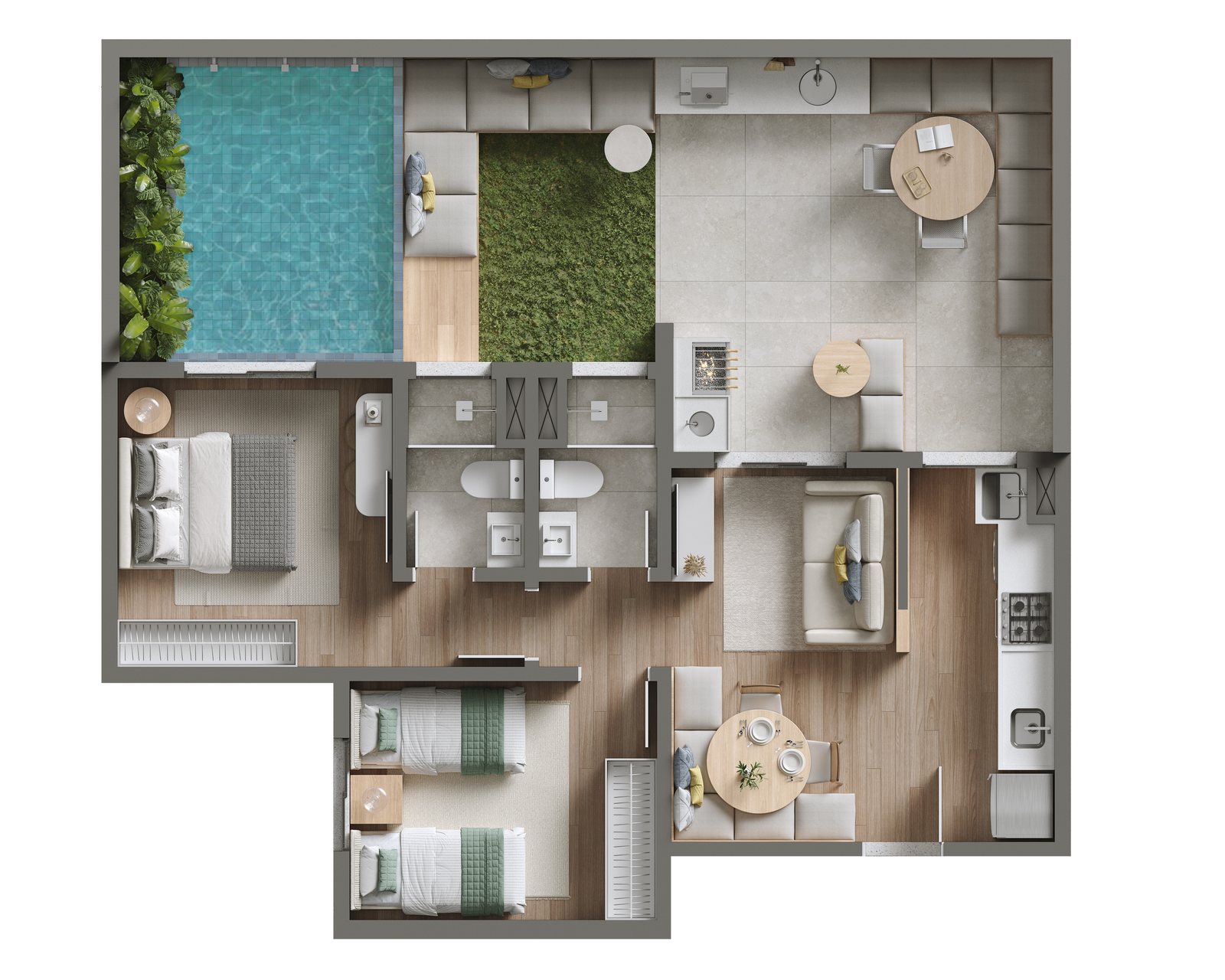 Planta Tipo 3 com suíte e garden do Viva Parque Aura, 85,65 m²