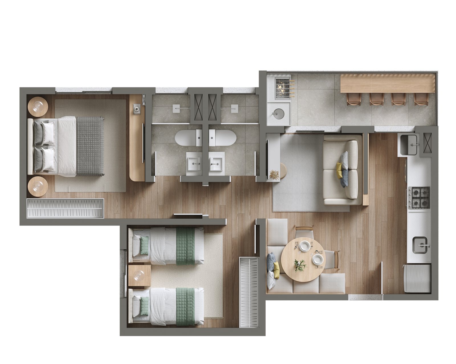 Planta Tipo 3 com suíte e varanda estendida do Viva Parque Aura, 52,73 m²